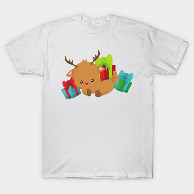 Christmas Reindeer, Red Nose, Gifts, Presents T-Shirt by Jelena Dunčević